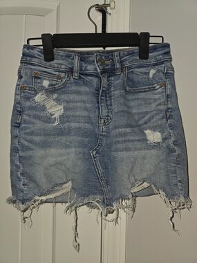 American Eagle Outfitters High Waisted Distressed Denim Mini Skirt- Size 2